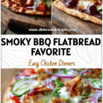 BBQ chicken flatbread pizza with melted cheese, BBQ sauce, and herbs on a rustic wooden board